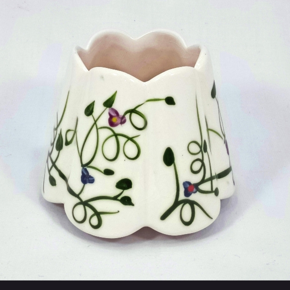Home Interiors White Ceramic Candle Holder with Green and Purple Accents